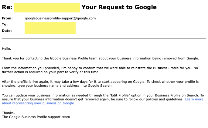 Google Business Profile GBP Reinstatement Approved