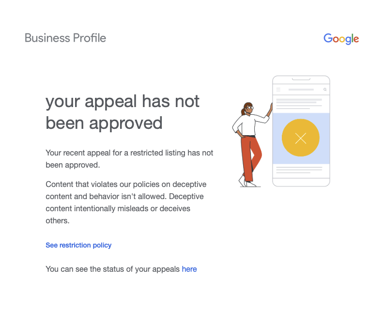 Google Business Profile GBP reinstatement Not Approved